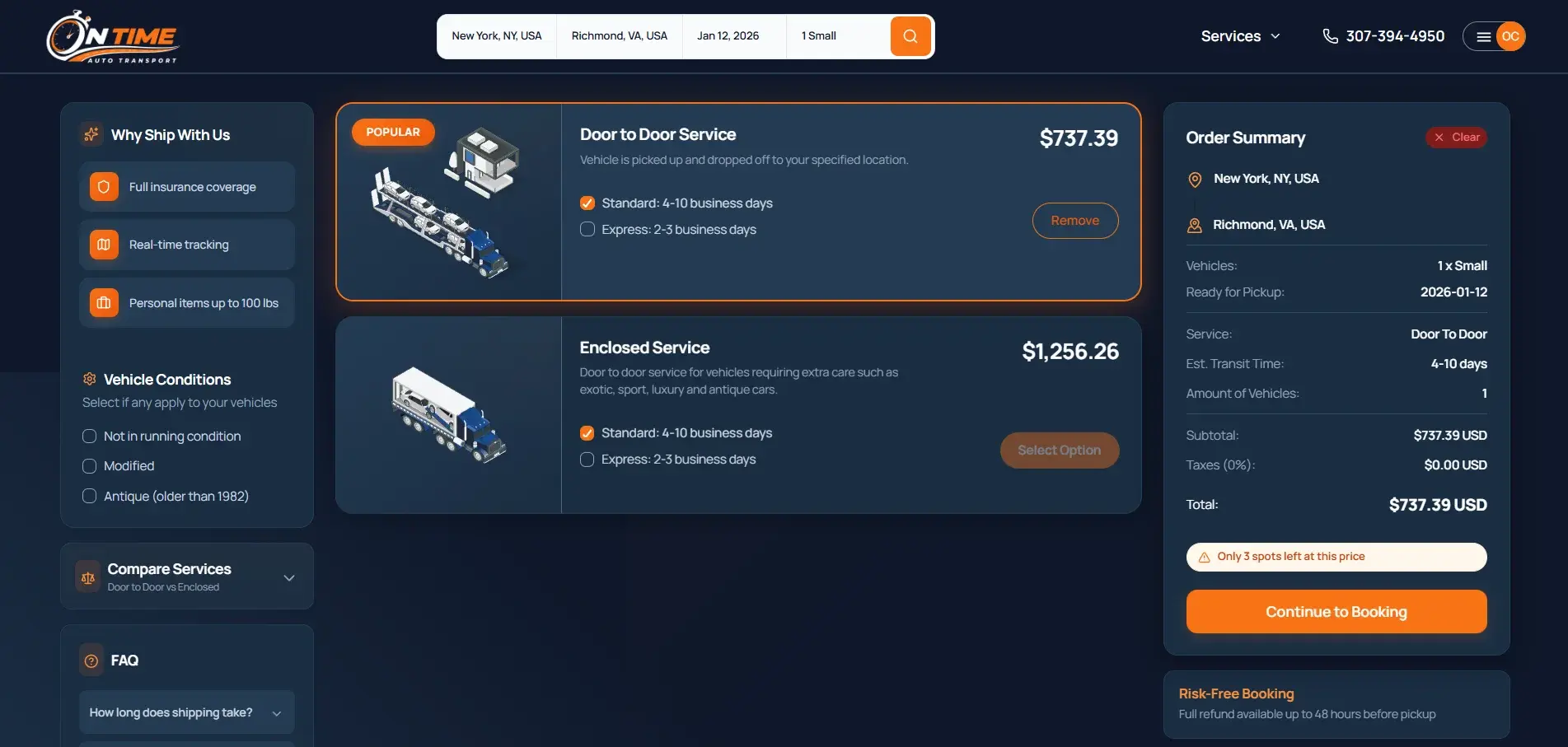 On Time Auto Transport platform—shipment options and order summary